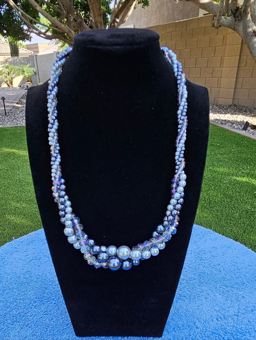Vintage Roman RMN Blue Gray Pearl & AB Crystal Multi-Strand Twisted Necklace 21"